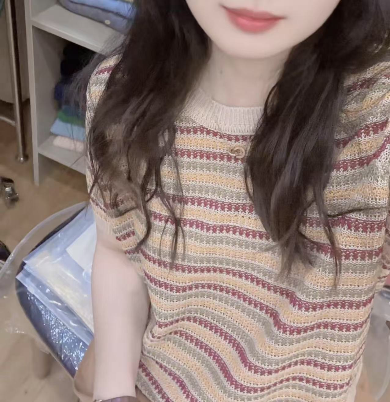 七言家 巨好看！夏季 ins穿搭宽松文艺橘色拼色条纹短袖