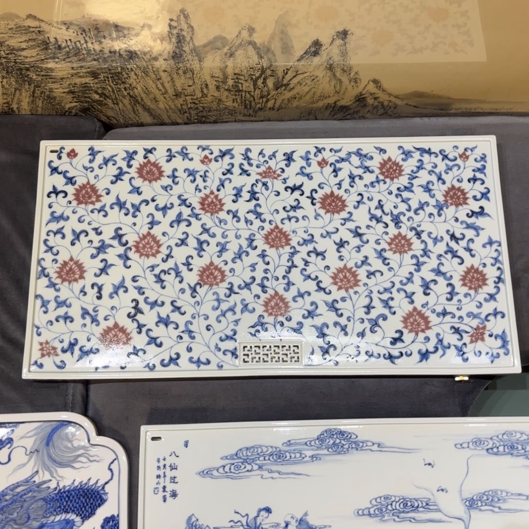 名窑口 青花釉里红缠枝莲双层茶盘