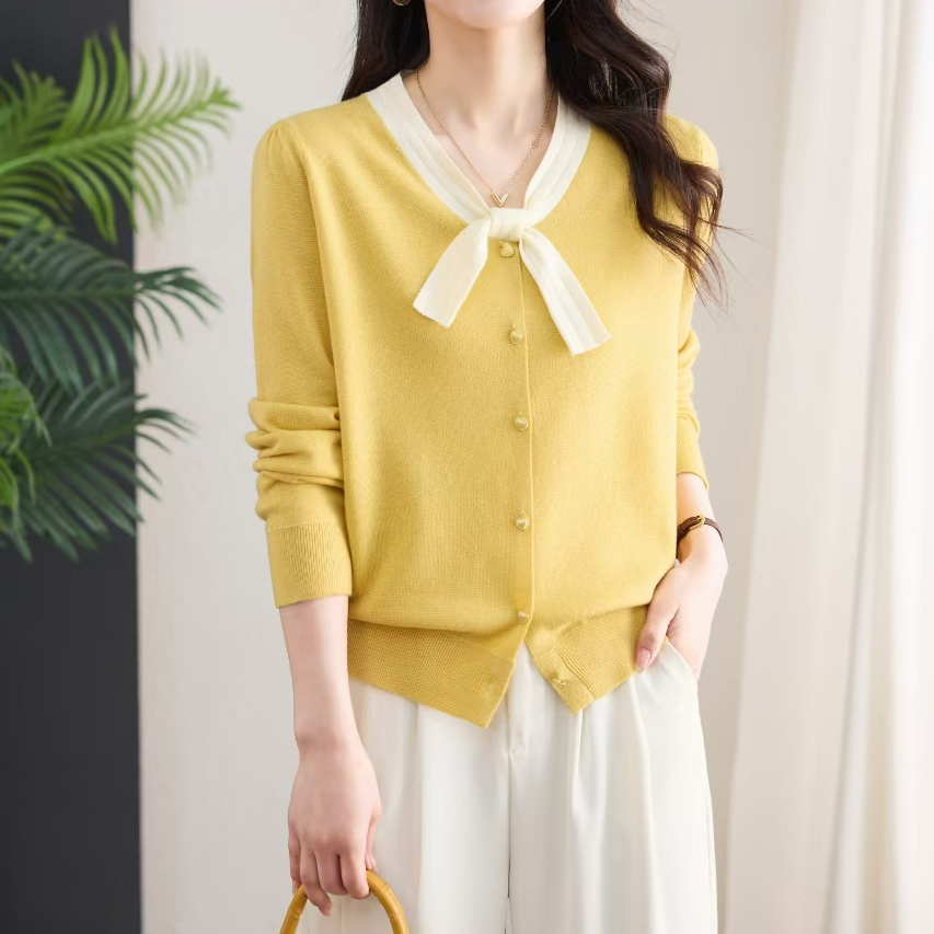 法式系带撞色气质开衫针织衫女233-77270