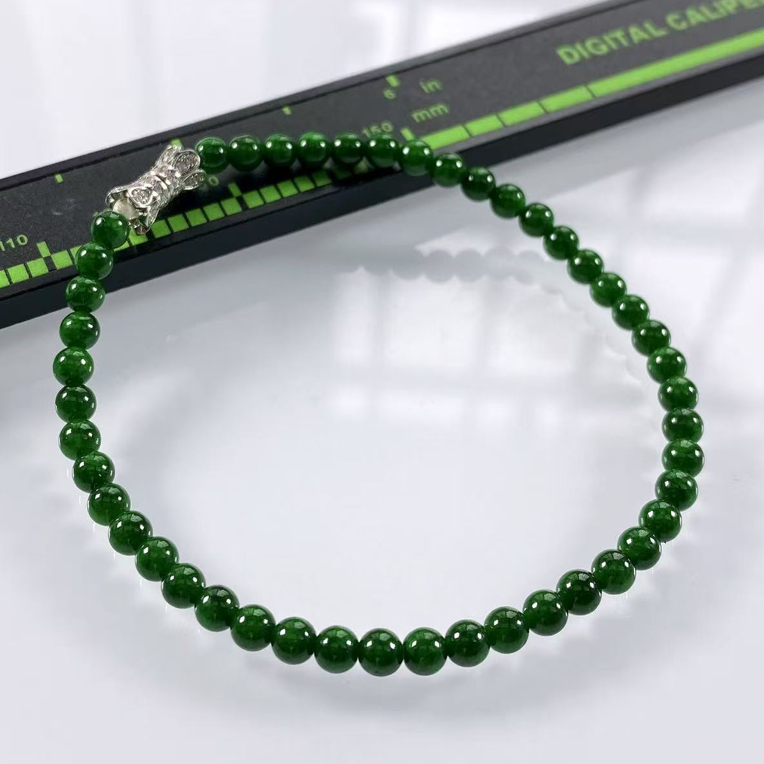 缅甸天然翡翠A货，卡3.8冰润起胶满绿辣绿小米珠小圆珠手串手链472