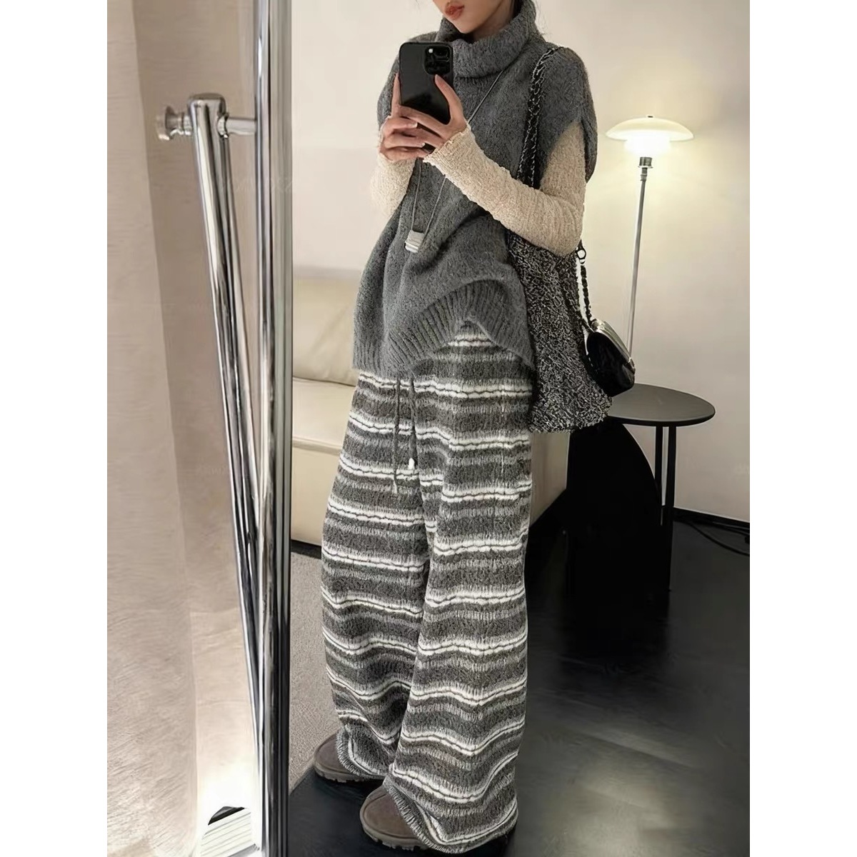 【费尔岛纹理加绒休闲裤】费尔岛条纹女款加绒保暖休闲直筒裤218