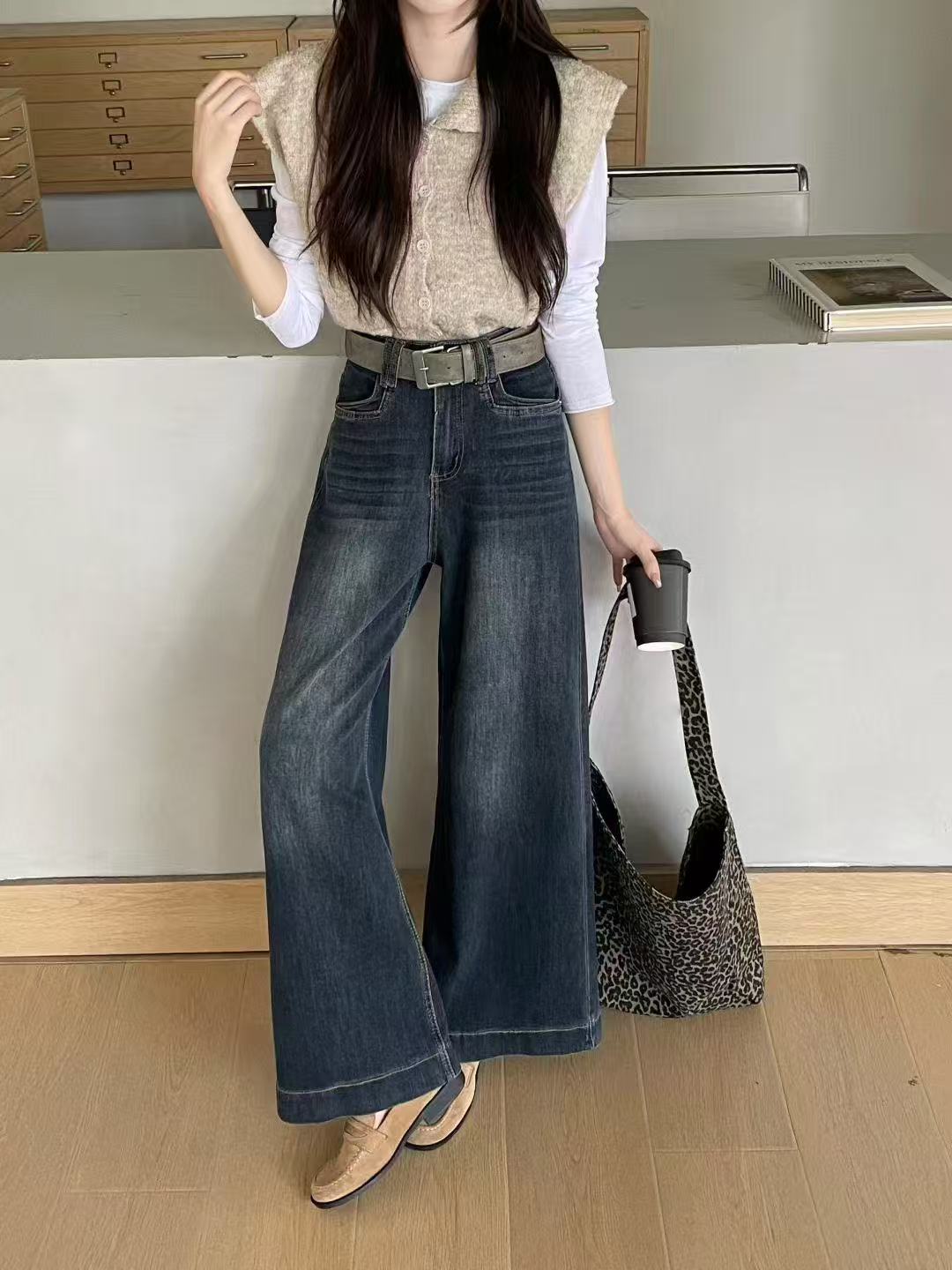 遮胯复古蓝A版阔腿牛仔裤秋冬女装2025新款高腰宽松大裤脚时尚