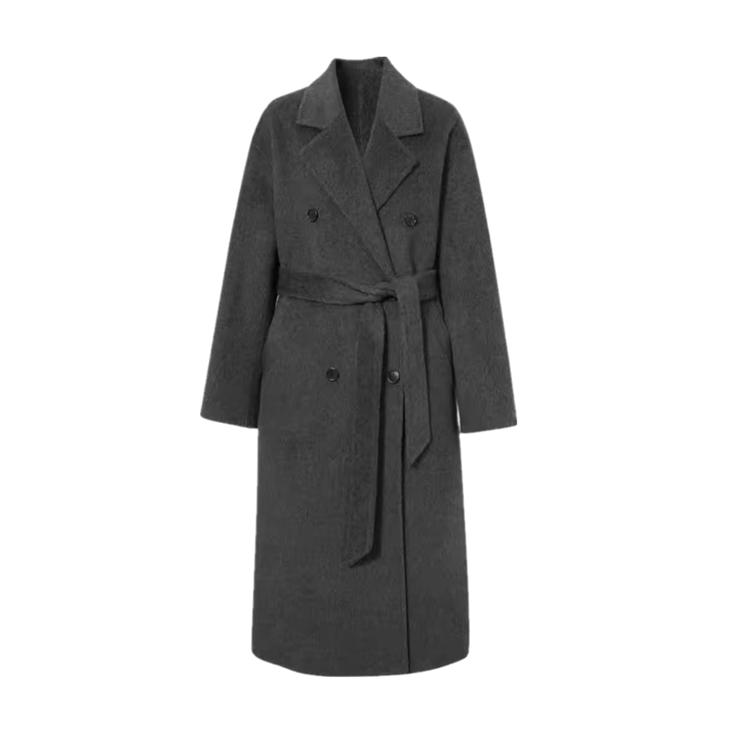 MM商场同款2025冬新款系带收腰极简风双排扣长款毛呢大衣女0352