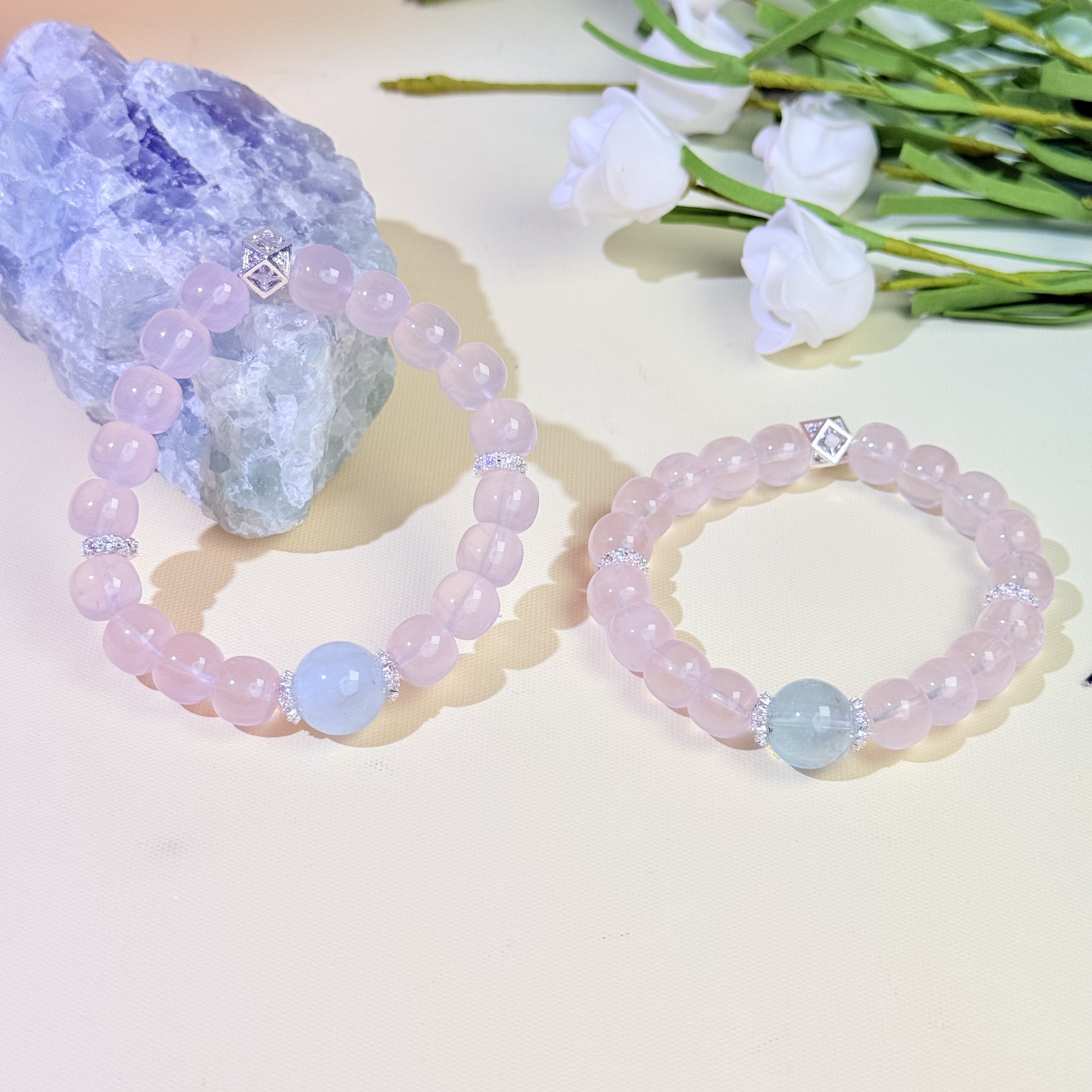 【697 白桃汽水】粉晶直切海蓝宝9-13mm手串面小仙多样性发其一Z