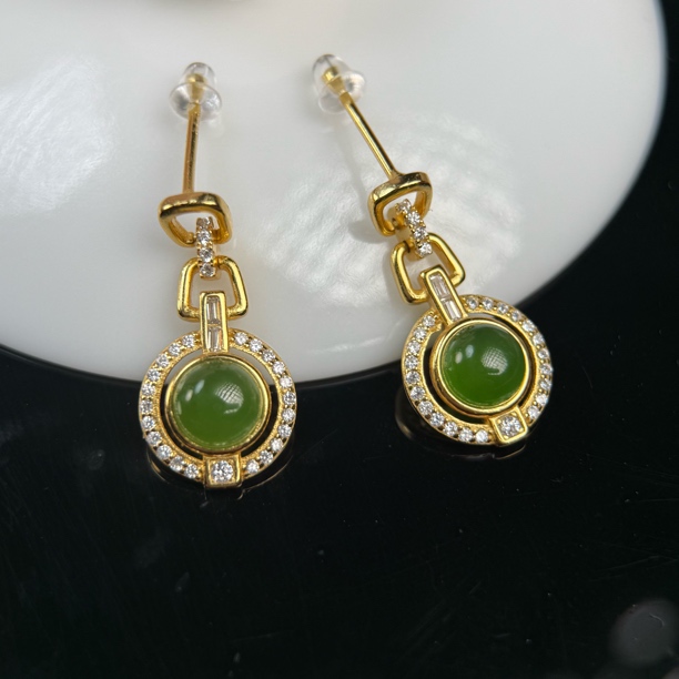 和田玉碧玉珠子镶嵌s925耳钉