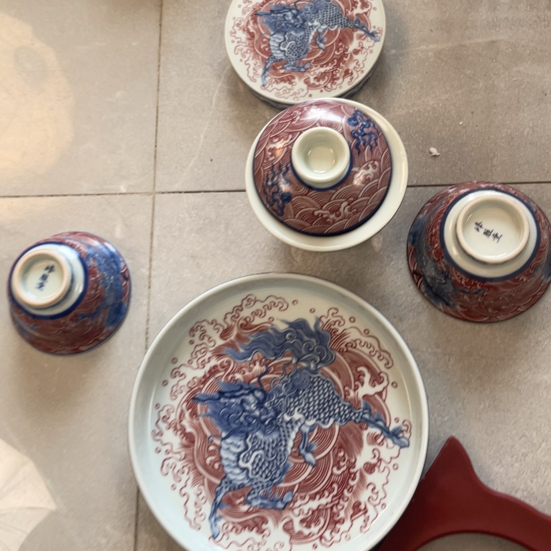 瓷片景德镇麒麟踏浪五件套