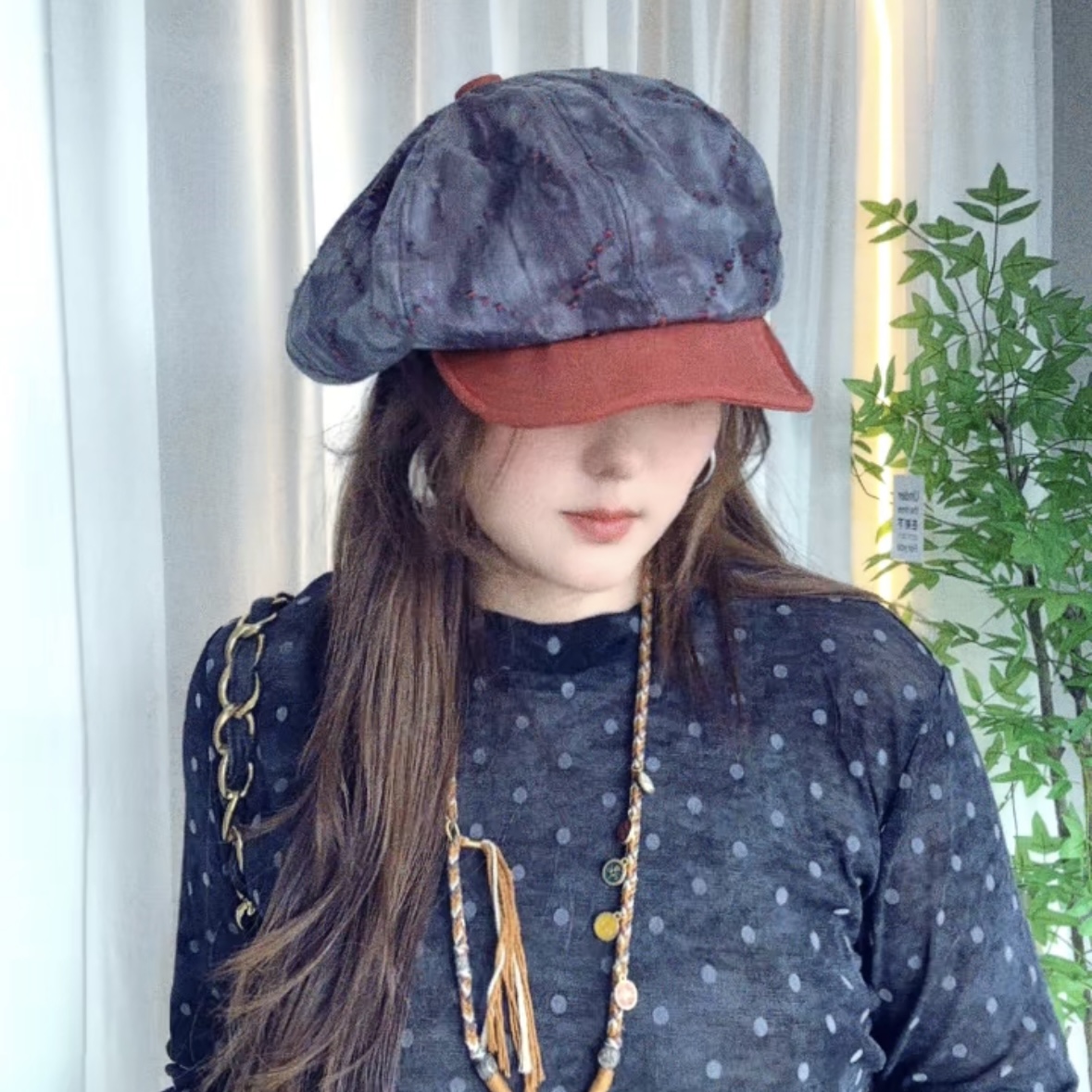 时尚复古小众扎染八角云朵帽个性百搭拼红显脸秋季新款小蓓蕾帽