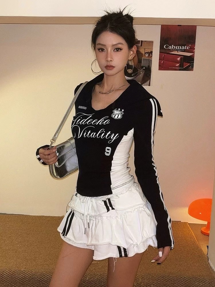 美式显瘦修身不规则海军领小众设计长袖T恤女修身辣妹V领上衣