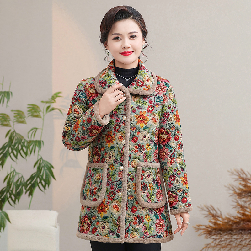 棉衣中长款保暖女棉服加绒厚款中老年女装棉袄休闲碎花妈妈装上衣