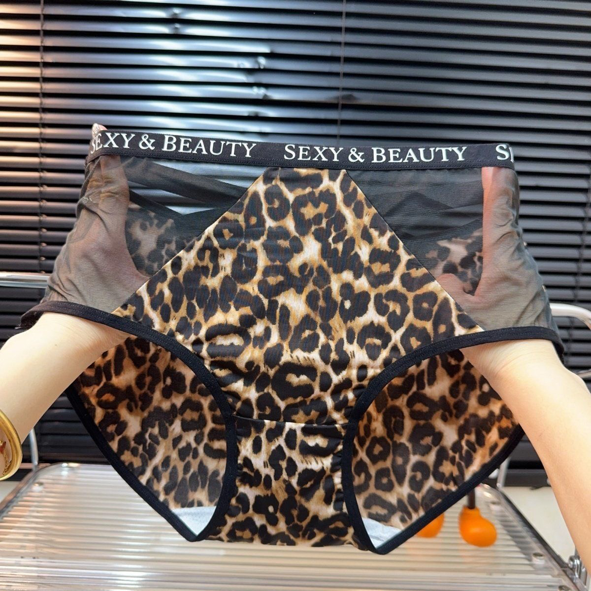 女士高腰镂空性感豹纹网纱薄款三角内裤