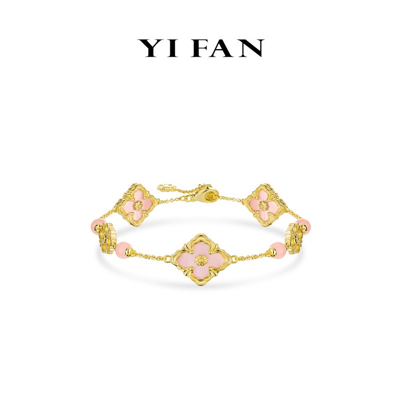 925银合成锆石手链 4433-金色雕花满钻粉贝四瓣花百搭手链
