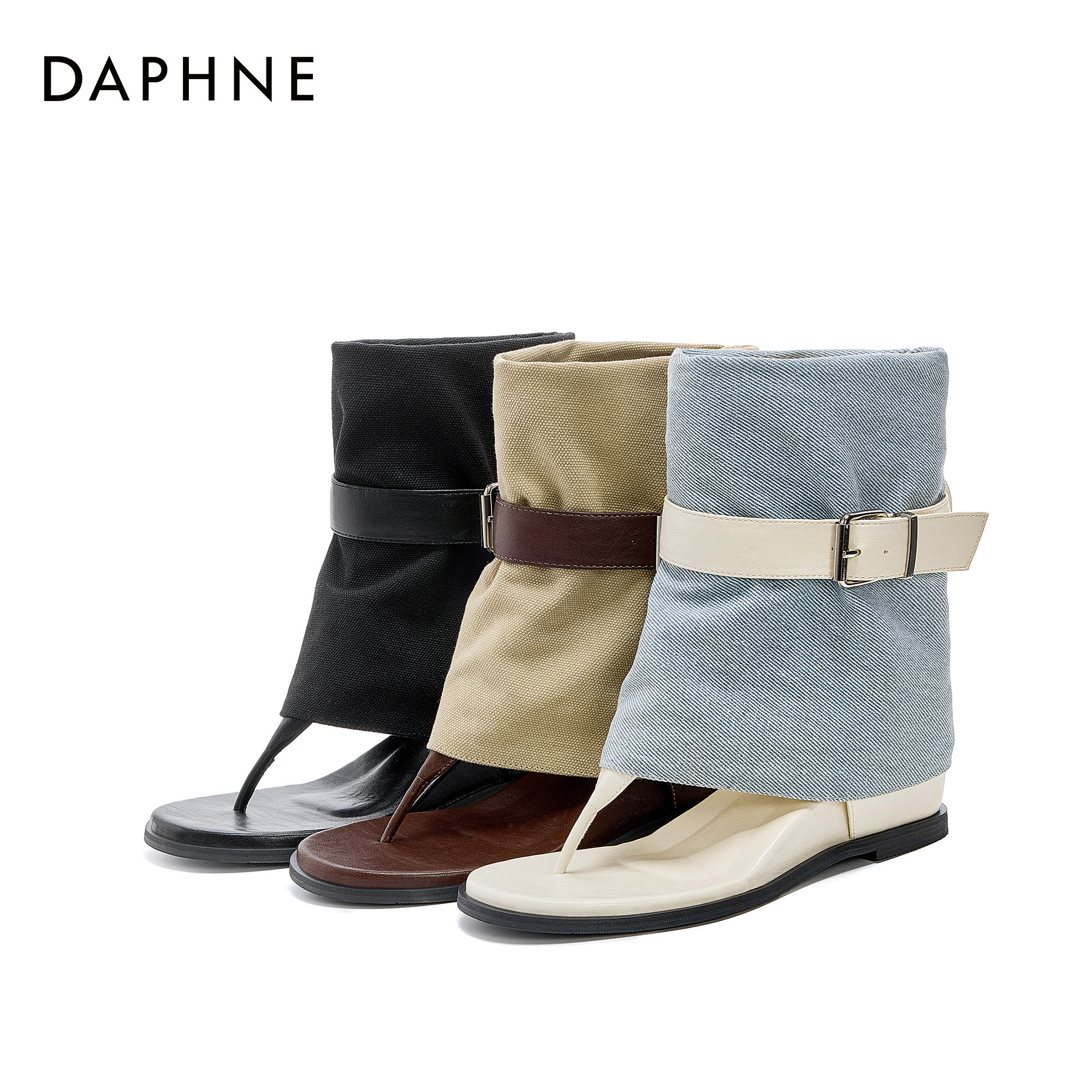 【达芙妮】2025年夏季新款时尚凉靴休闲皮带扣夹趾百搭短靴坡跟鞋