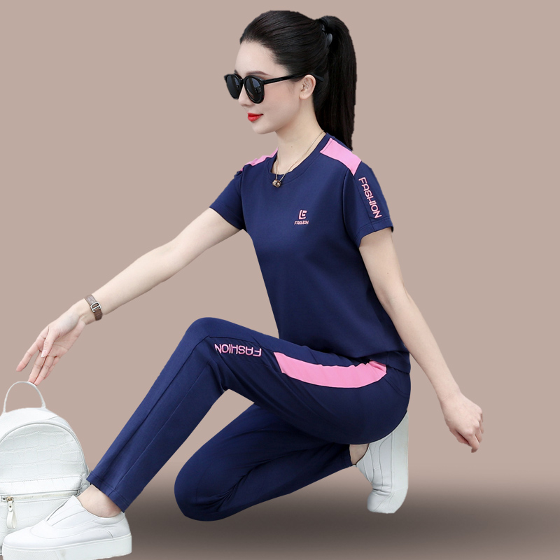 圆领运动套装女夏季2025年新款时尚宽松显瘦短袖拼色休闲服两件套
