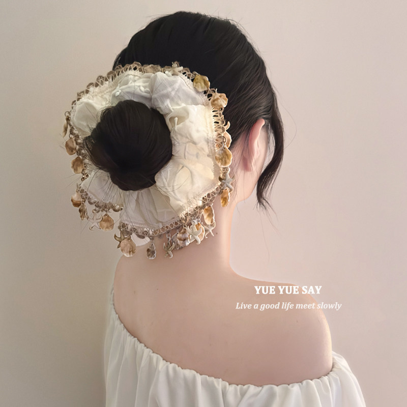 海的女儿 海边度假风贝壳流苏大肠发圈 法式超仙高级花边头绳发饰