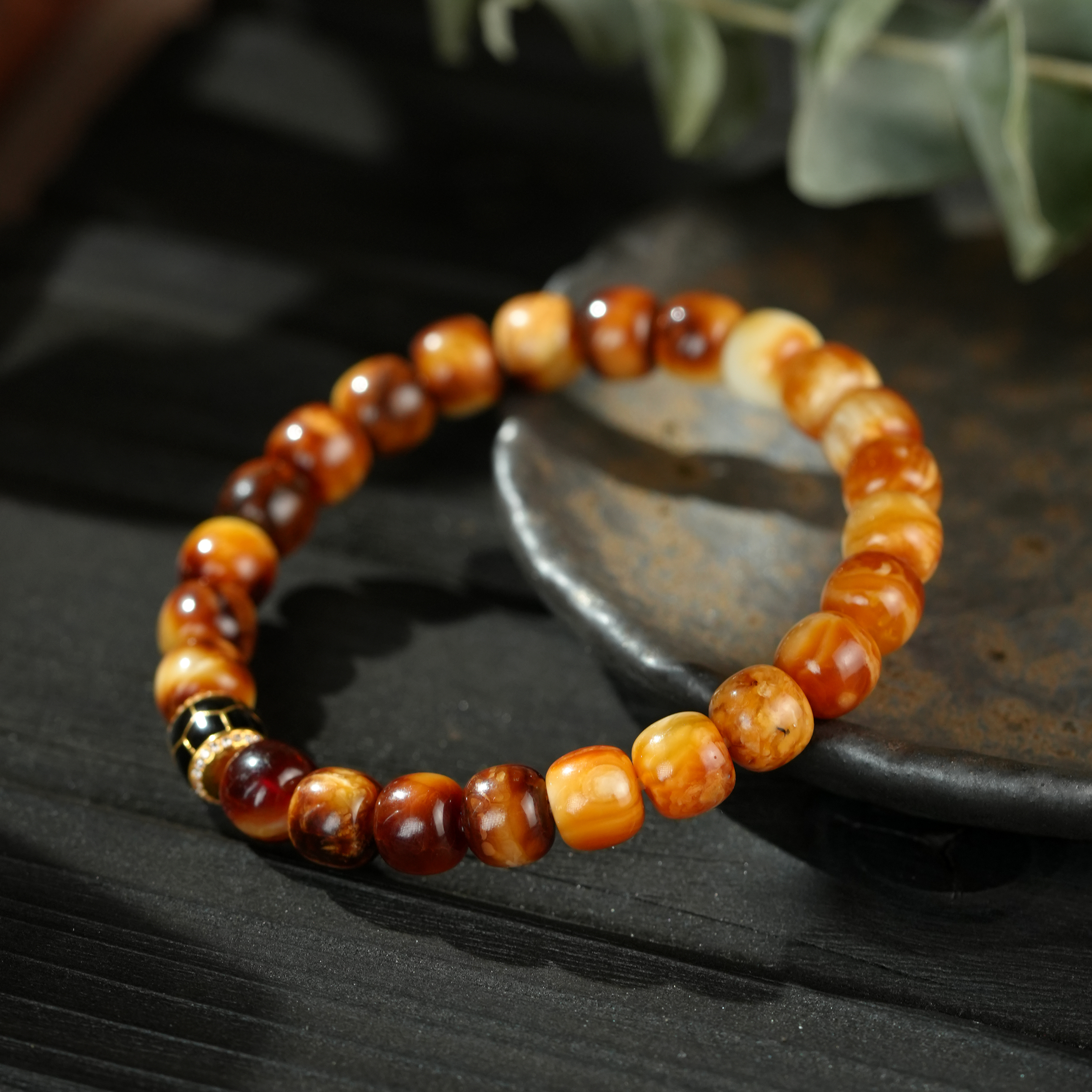 【壹芳珠宝】天然原矿沁色蜜蜡精工老型18K金手串8mm