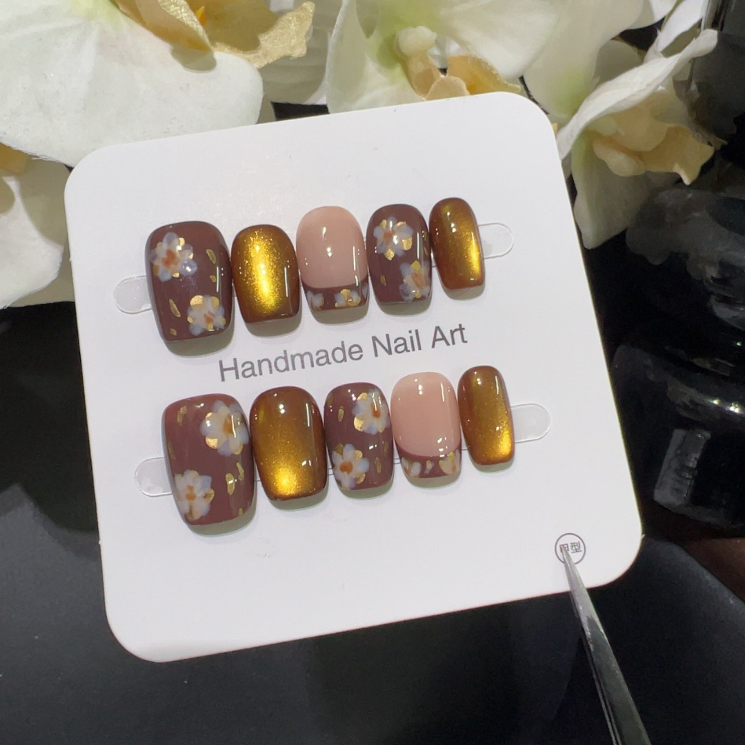 【花卉】秋冬晕染金花复古风法式猫眼气质显白穿戴甲