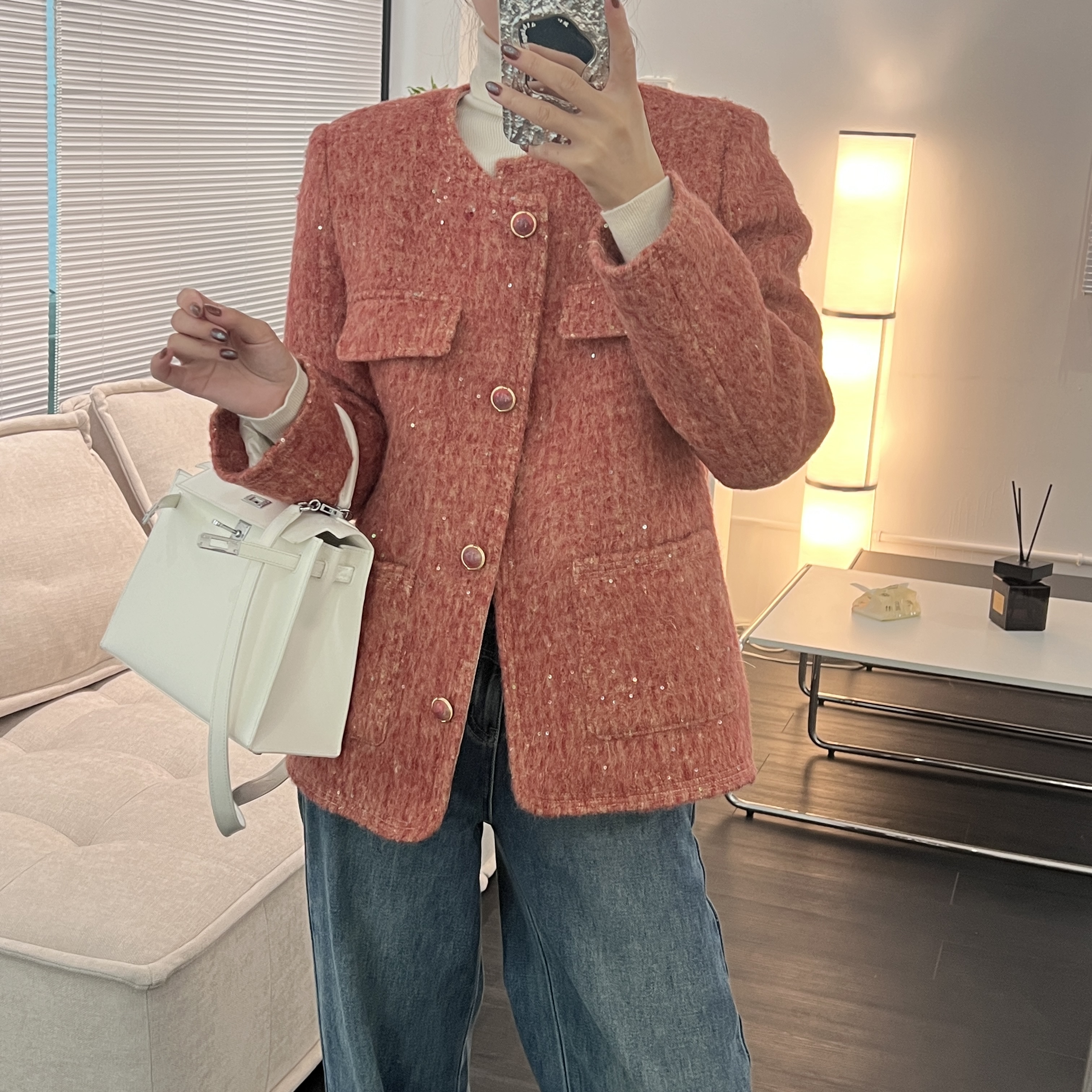 JX【巴黎诗集】秋冬新款编织气质显瘦通勤时尚小香风羽绒外套