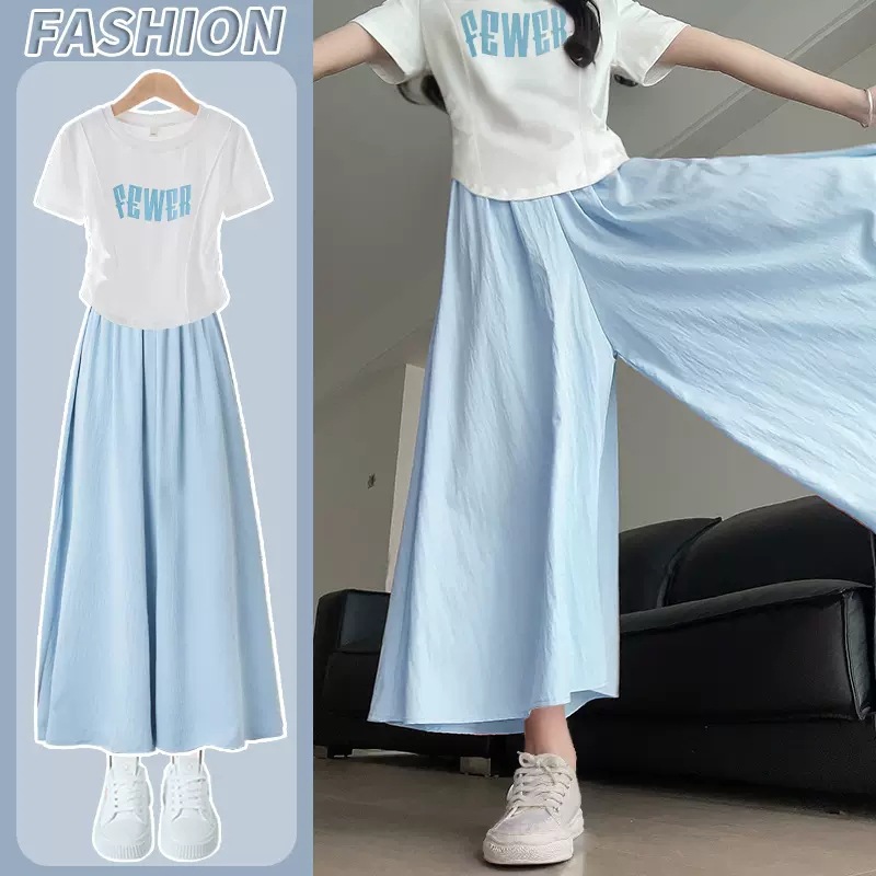 聚酯纤维55%女童套装夏季新款时尚休闲短袖裤裙两件套儿童宽松阔