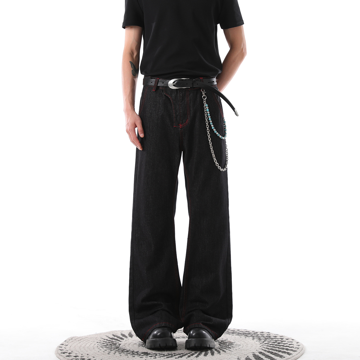 Jaaniste撞色牛仔裤男士美式宽松直筒休闲裤百搭复古潮流男女长裤