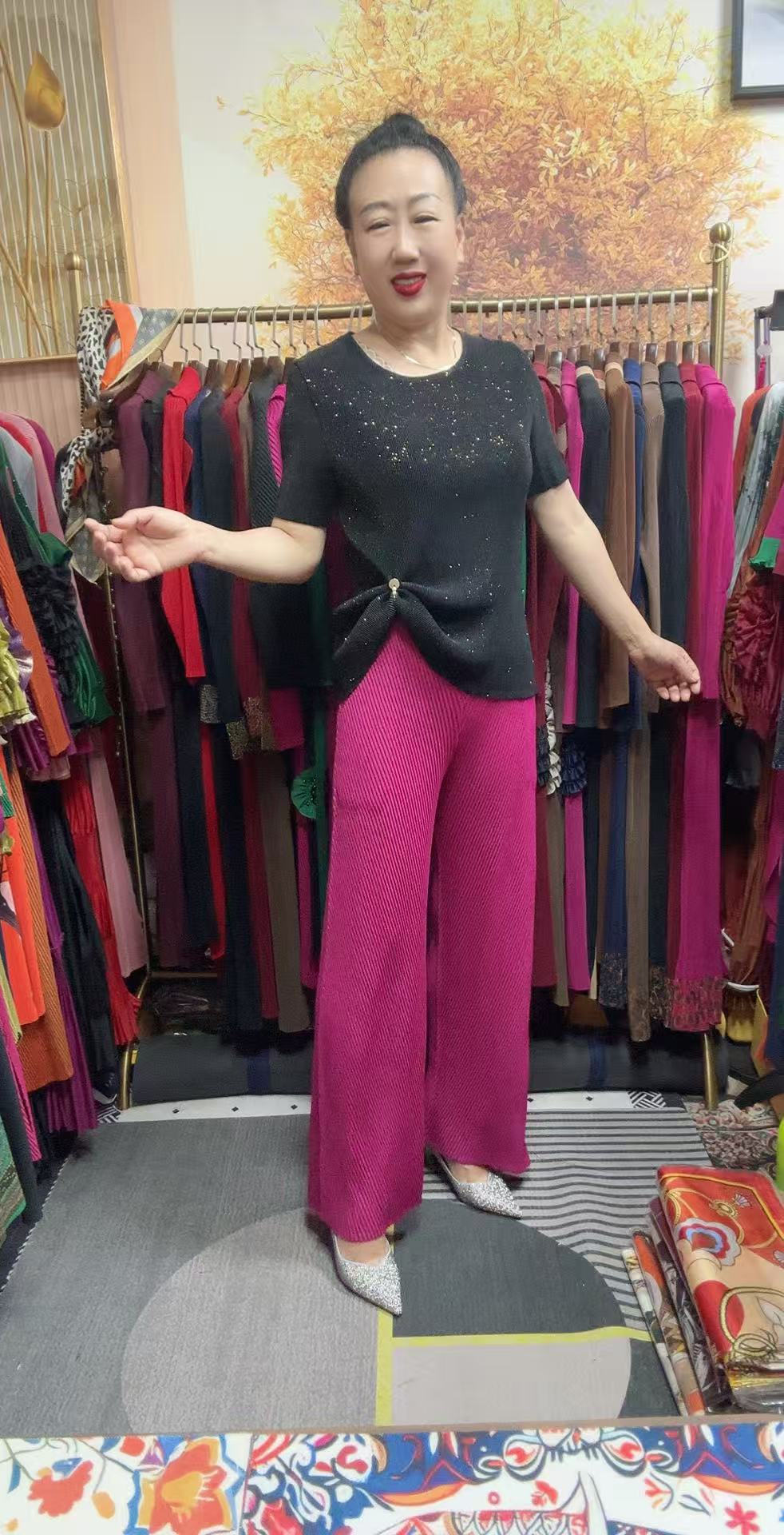 褶皱新款百搭龙鳞褶阔腿裤单件裤长95公分