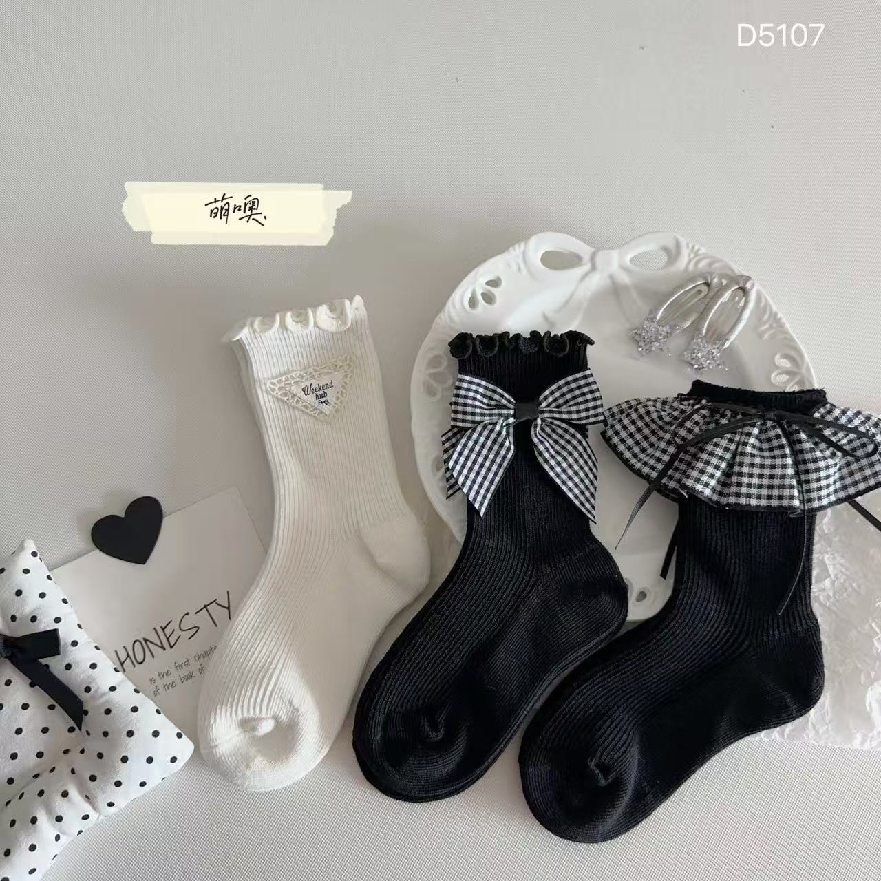 （3双）织呀织25秋冬女童黑格子花边袜子