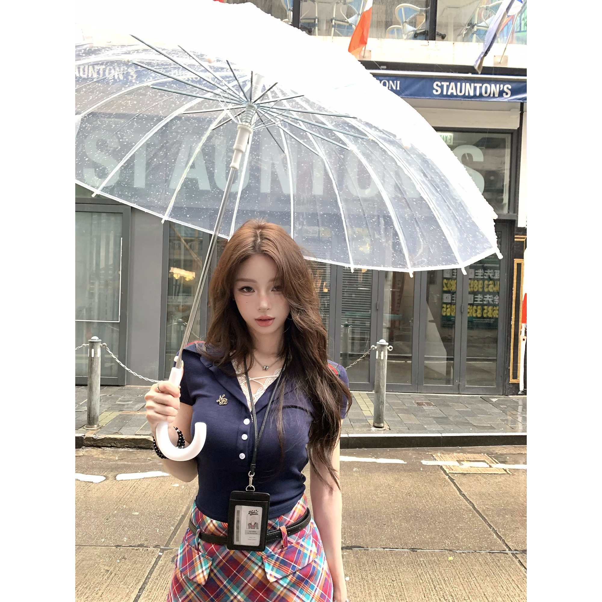 两只水仙 夏日特调 假两件针织POLO上衣设计感彩色格子半身裙套装