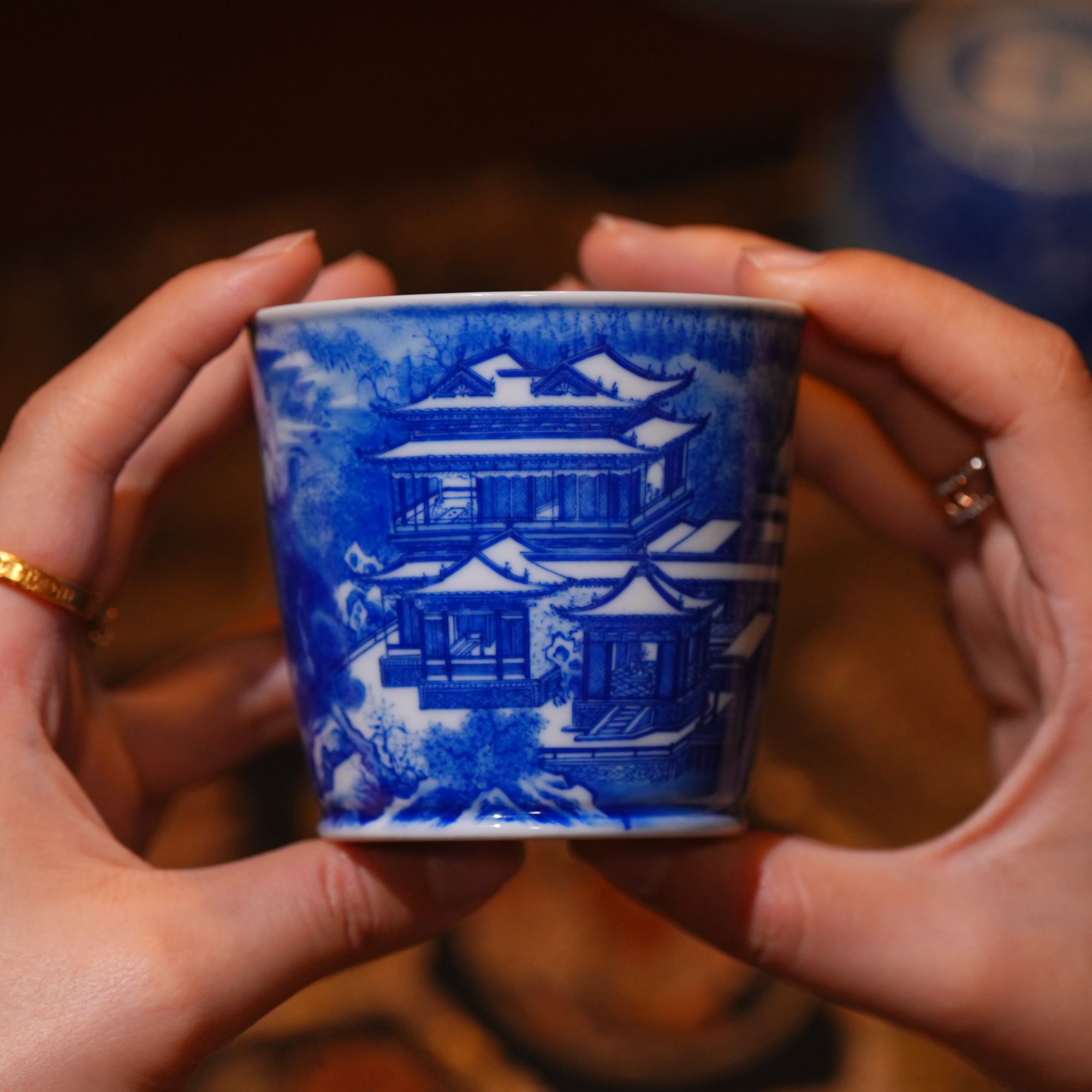 恒垣山房 陶瓷青花雪景夜景山水楼阁湖心亭看雪冰桶杯手绘可乐杯