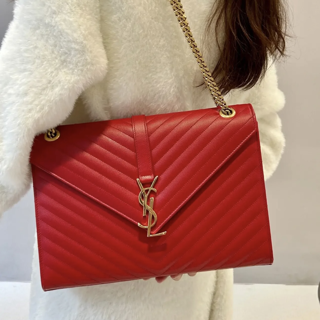 95新 YSL/圣罗兰 红金全皮V纹大号信封链条包