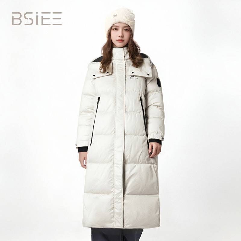 字母拉链连帽羽绒服冬季中长款连帽长款过膝女款