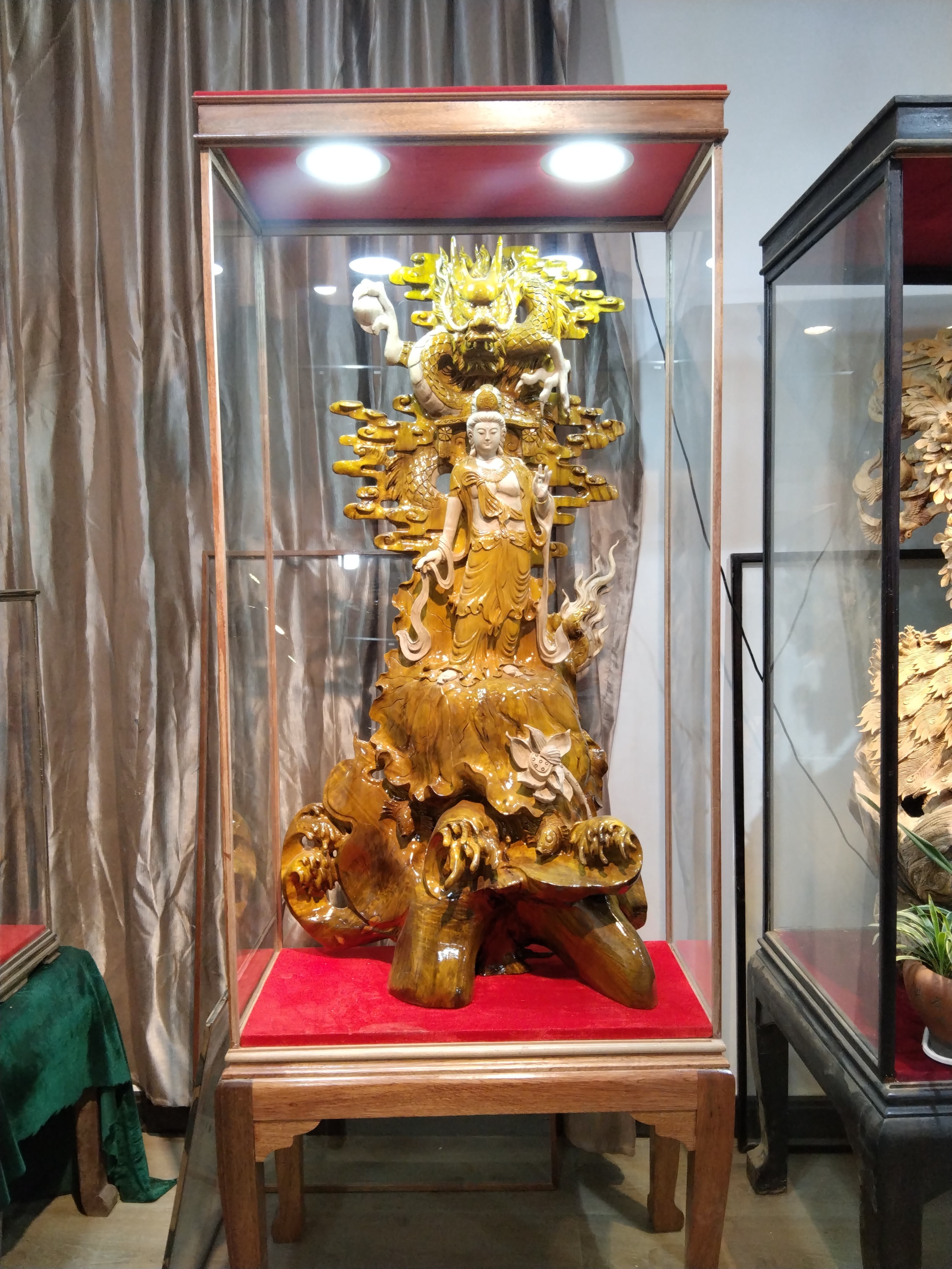 人物木根雕玉龙观音摆件80+42+200