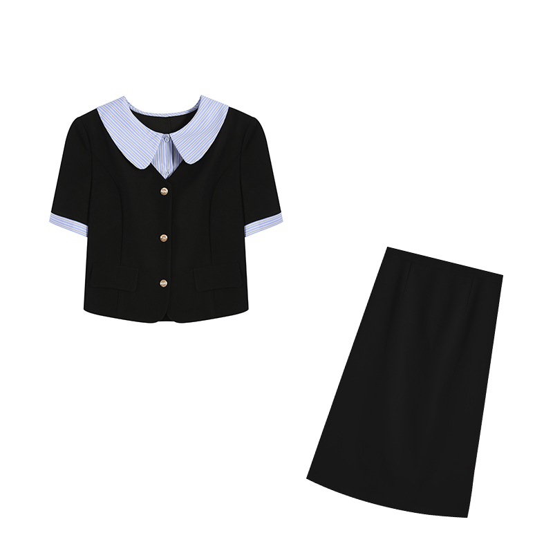 五季家大码女装夏季气质时尚减龄黑色上衣+长半裙两件套ZL105646