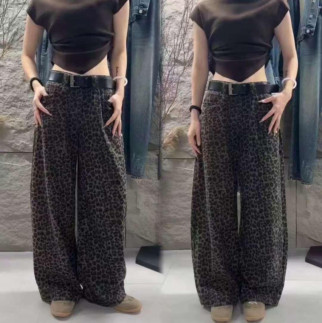 美式复古豹纹牛仔裤时尚百搭夏季裤子女高腰显瘦宽松阔腿裤