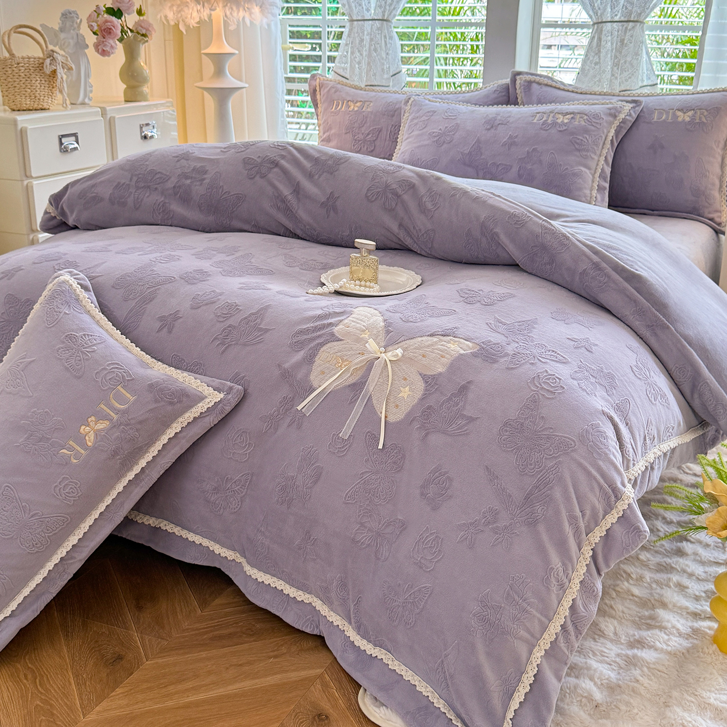 富安娜新款韩版雕花绒工艺款加厚保暖牛奶绒四件套双面绒被套床单