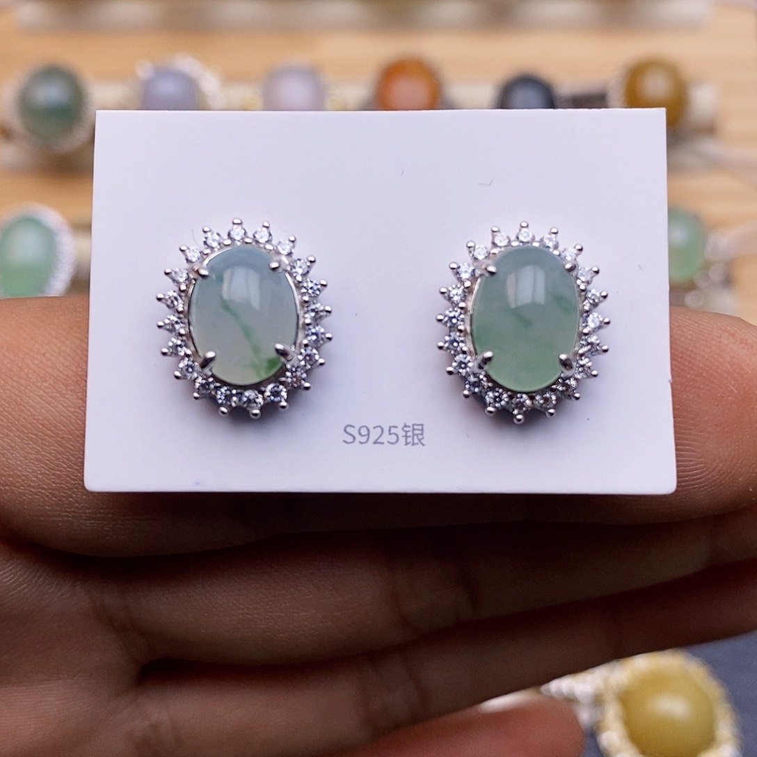 翡翠耳饰银S925镶嵌/3566