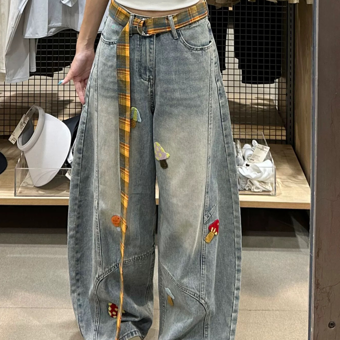 美式复古毛巾刺绣宽松阔腿秋季弯刀牛仔裤女拖地裤