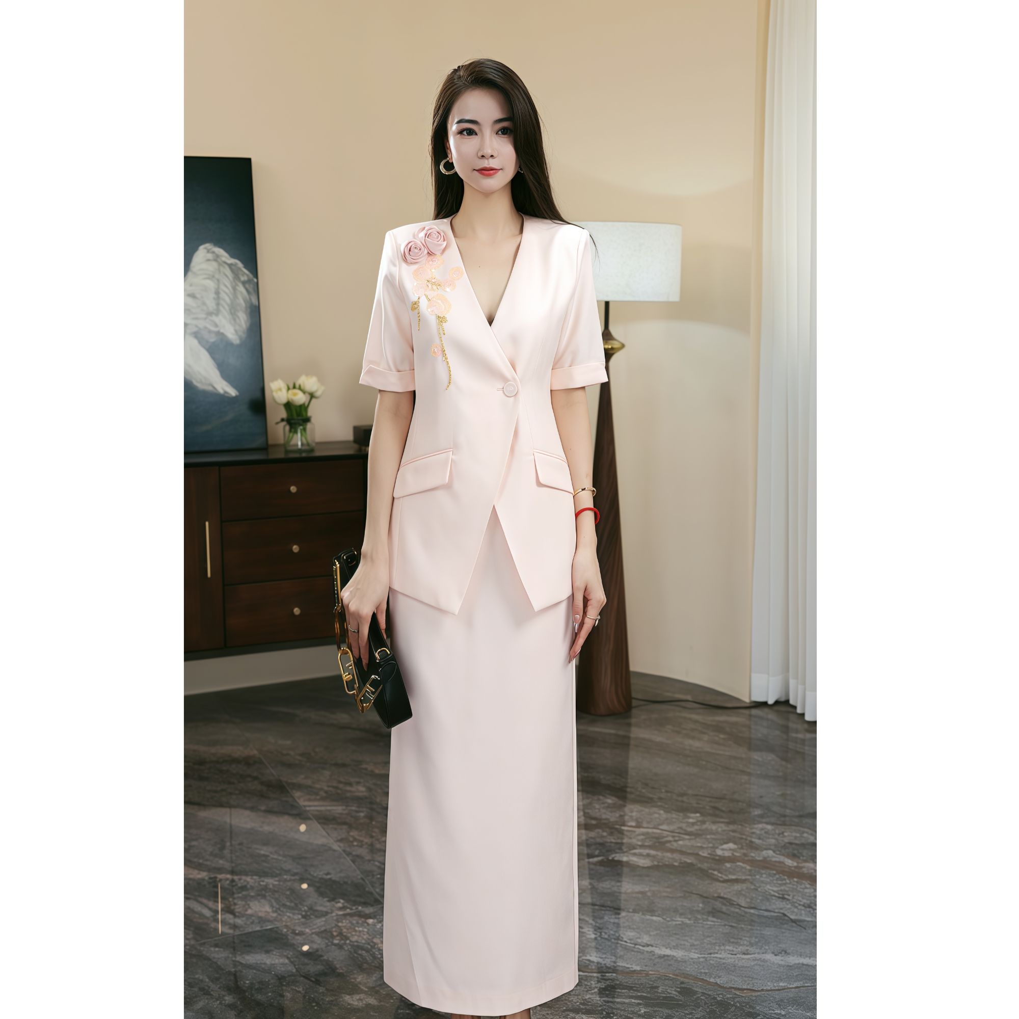 【ZEROYK】深圳南油夏季新款钉珠花朵时尚半裙两件套装