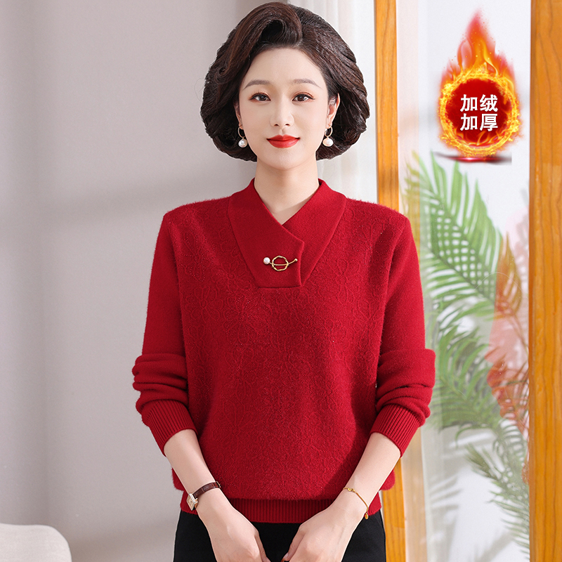 气质妈妈加绒加厚毛衣保暖针织衫中年女减龄一体绒打底衫过冬内搭