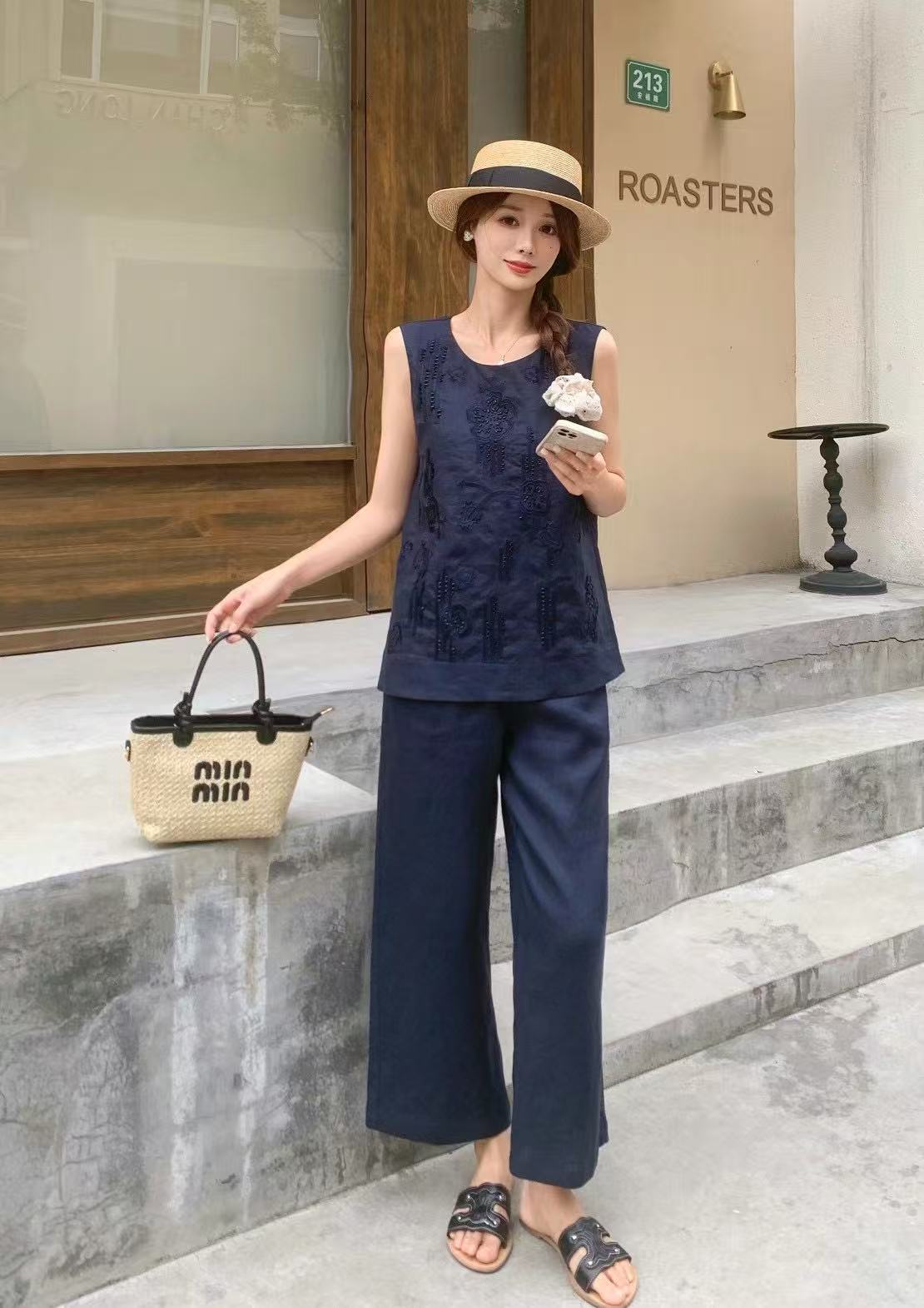 SU.KK手工钉珠天然亚麻老钱风套装松弛感