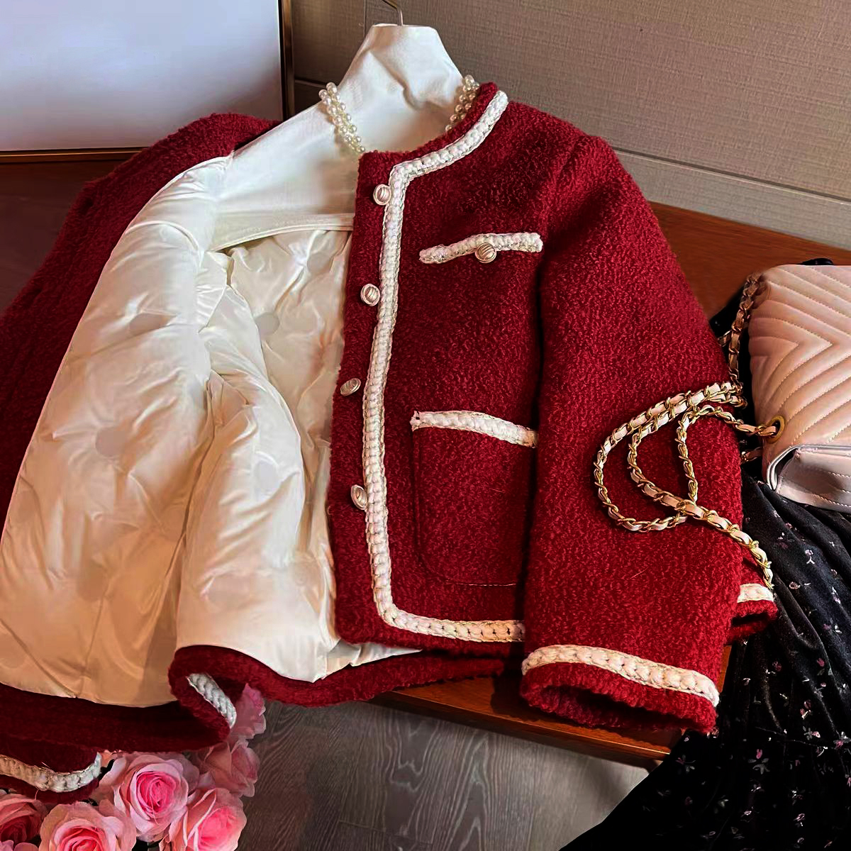 【现货+运费险】充绒内胆红色小香风外套女设计感小众上衣秋冬YN869