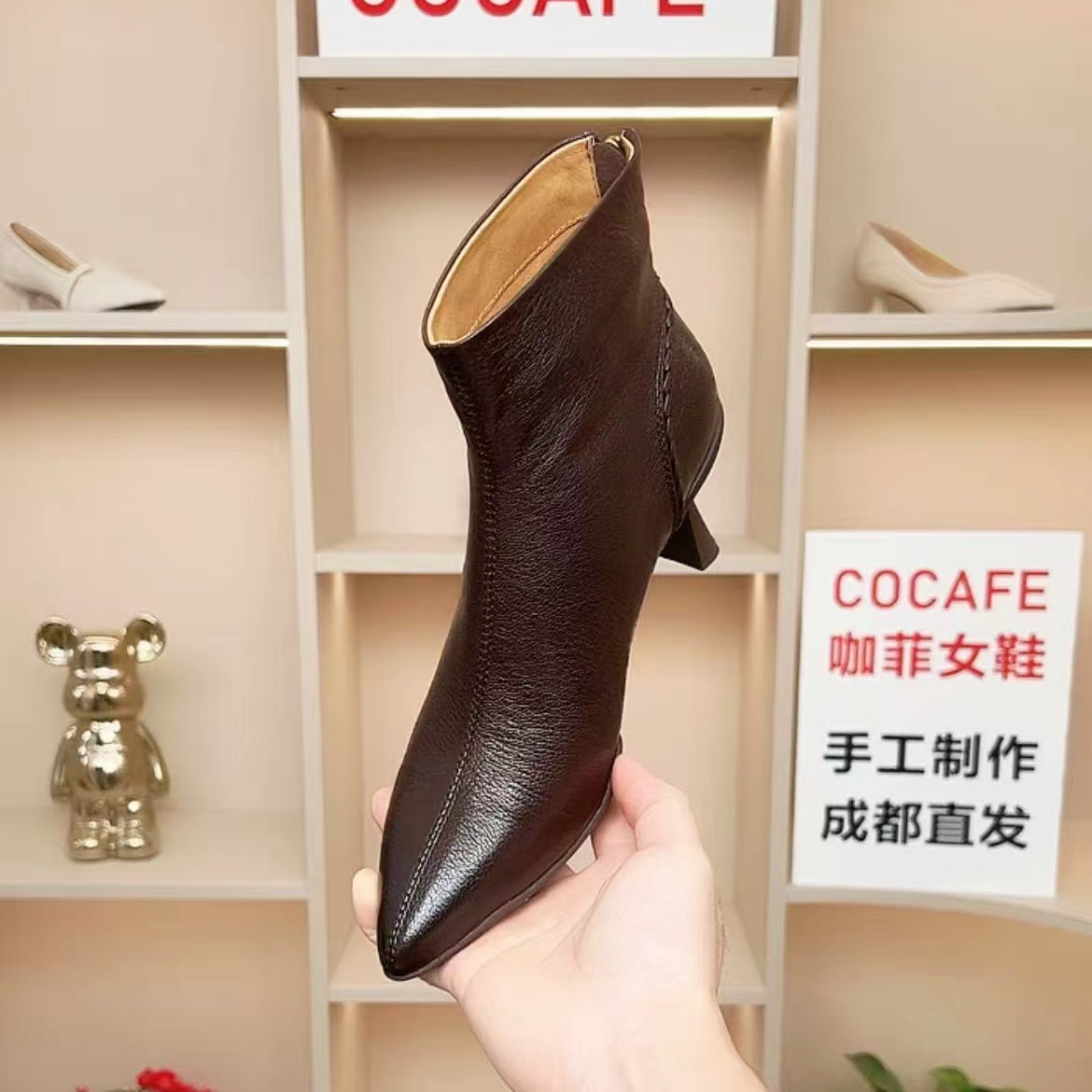 羊皮 跟高5CM 秋冬法式复古气质百搭运动底显瘦加绒尖头真皮短靴