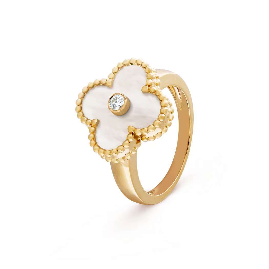 99新 梵克雅宝 Alhambra 黄金白花一钻（白中花）戒指51号W48825  