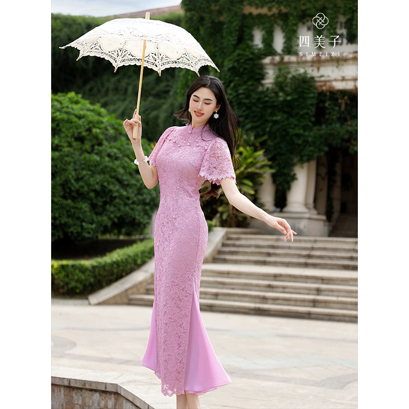 四美子【醉花意】紫色新中式气简约优雅镂空设计珍珠装饰蕾丝旗袍裙