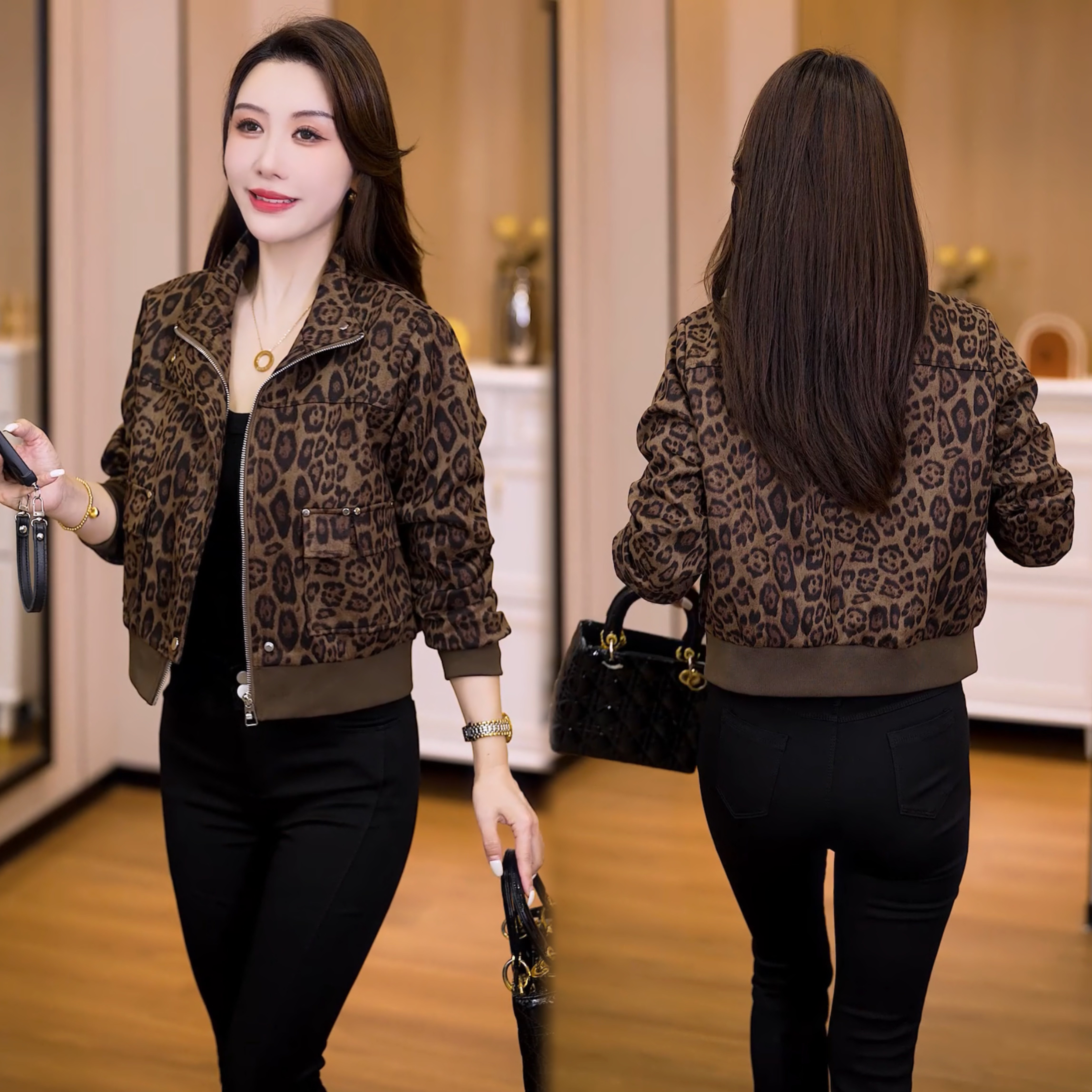 秋装女款爆款2025新款短外套女春秋复古小个子豹纹上衣休闲百搭