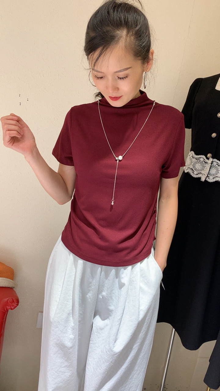 常规褶皱通勤洋气半高领修身型打底韩版纯色百搭上衣显瘦不规则