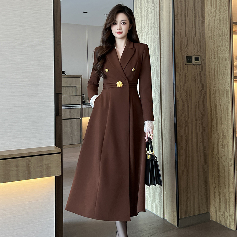 高个子加长版西装风衣外套女过膝西服2025秋冬超长款大衣61119
