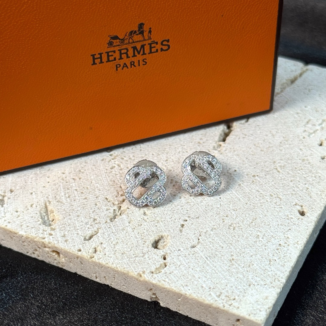 95新 Hermes/爱马仕 Hermes 18K白金 猪鼻子满钻 耳钉/636440817