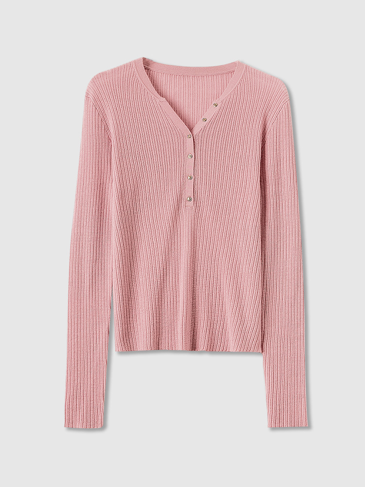 【精纺美丽诺羊毛】V领单排扣衫针织打底衫毛衣女 青草  粉  LL666