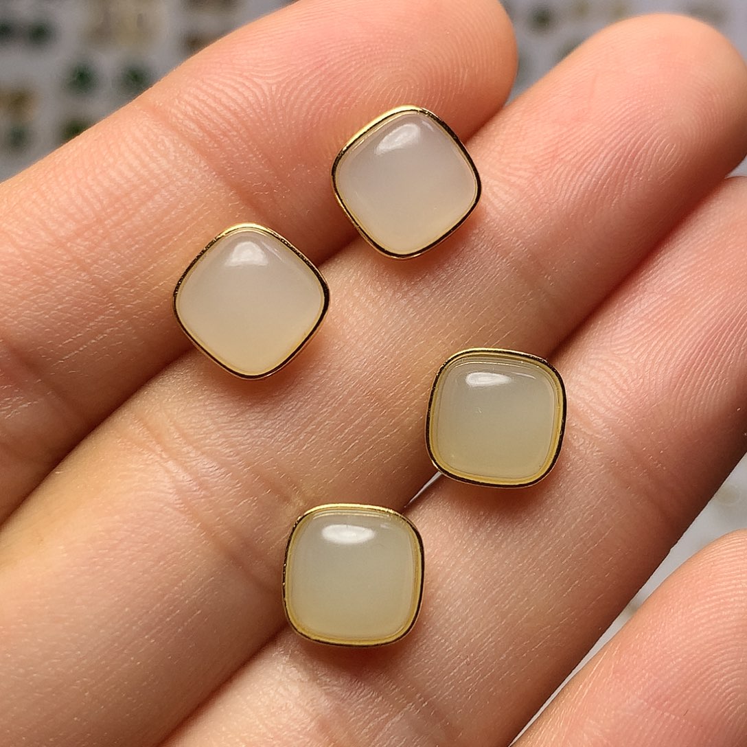 银S925镀金镶嵌和田玉（白玉）耳饰