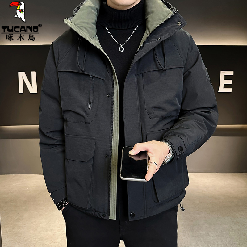 TUCANO/啄木鳥2025冬季连帽羽绒服男加绒加厚保暖工装风撞色外套