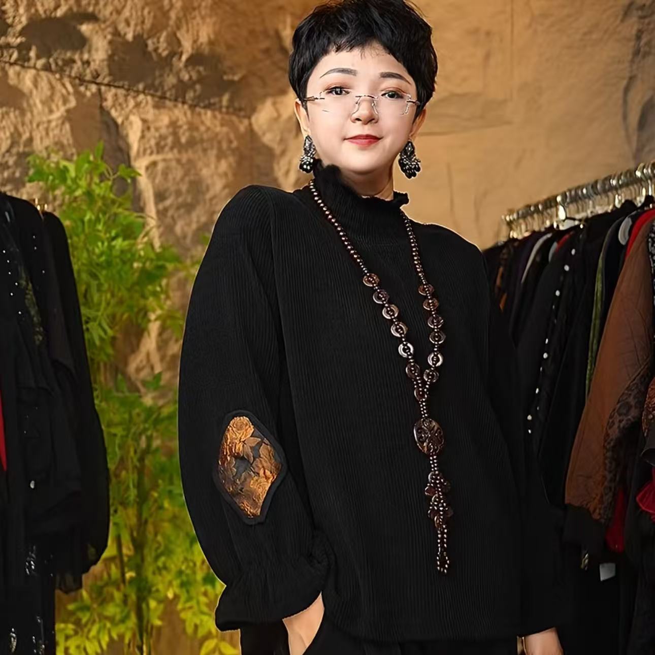 (WY)114#1809-黑色木耳边袖口拼接刺绣上衣-F/时尚高级百搭